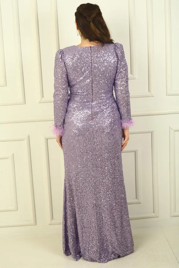 Robe pour femme à col en V froncé sur le devant et manches à plumes, taille B.