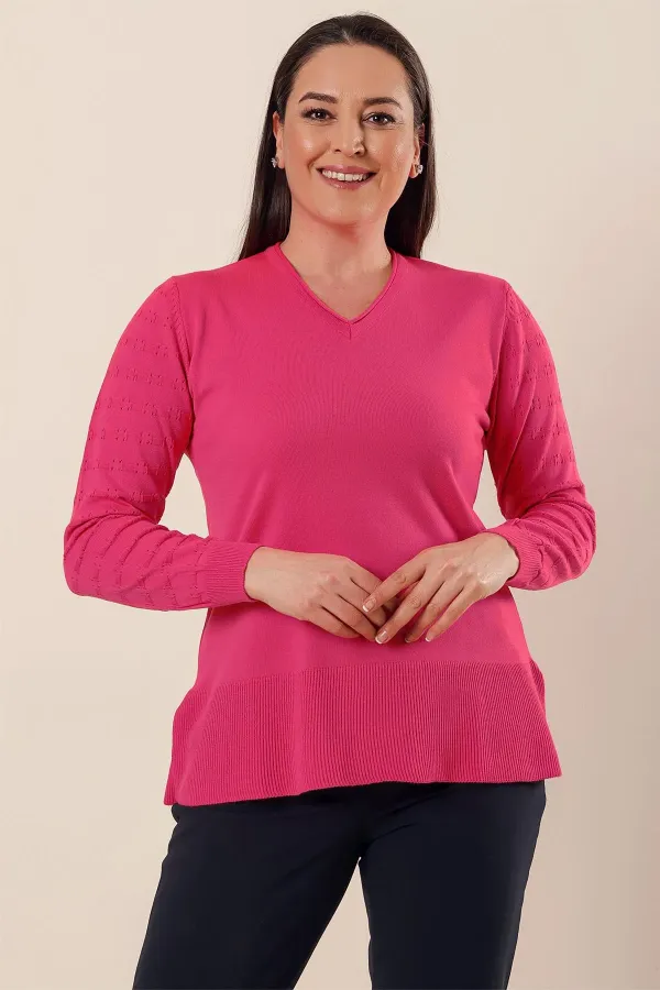 V Yaka Kolları Modelli Yanları Yırtmaçlı Büyük Beden Akrilik Kazak