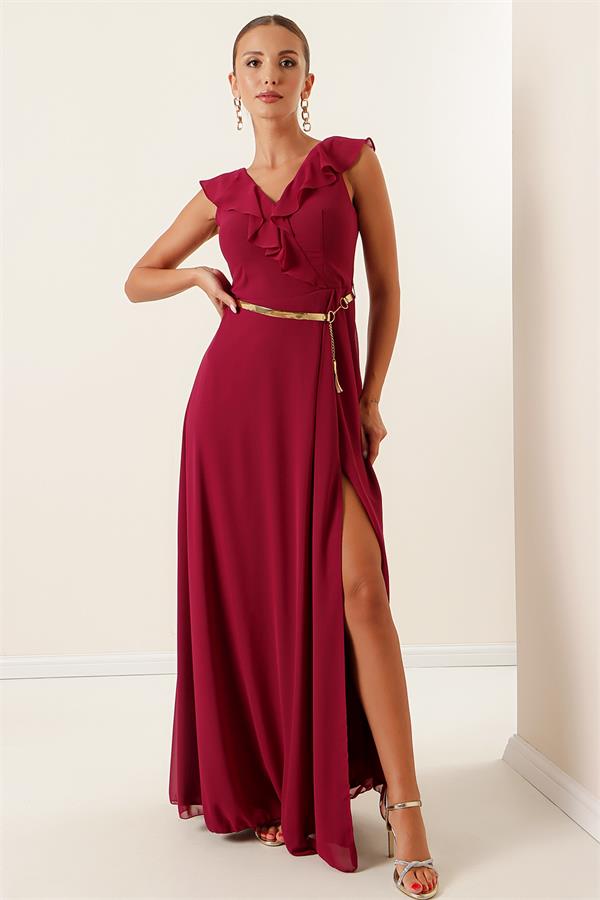Long Chiffon Dress with Ruffled Neckline and Belt, and Slit