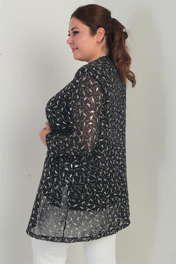 Kadın Uzun Kollu Likralı Bluz Yaldızlı Yaprak Baskılı Şifon Ceket Büyük Beden 2'li Takım