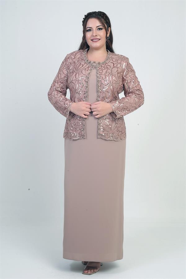 Ensemble 2 pièces pour femme, comprenant une veste en tulle ornée de sequins et de perles, une robe longue à manches demi-lune en crêpe doublée et un pantalon grande taille.