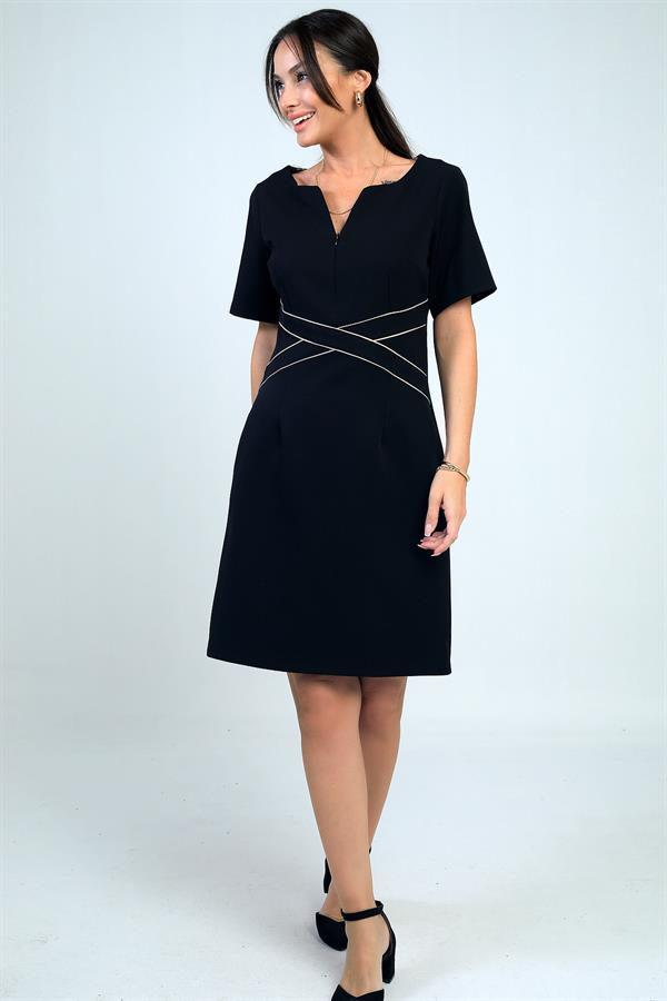 Kadın Kendinden Telalı Biyeli Önü Fermuar Detaylı Kısa Elbise