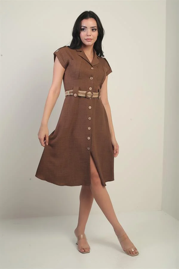Women's Collared, Off-Shoulder, Double-Pocket, Belted Linen-Effect Dress