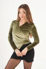 Yandan Tokalı Kadife Haki Toptan Bluz