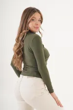 Omuz Ve Bel Büzgülü Dik Yaka Toptan Haki Bluz