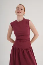 Beli Büzgülü Bordo Toptan Elbise