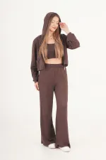 Modal Hırka Pantolon Crop Kahve Toptan Üçlü Takım