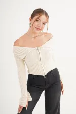 Madonna Yaka Full Fermuarlı Toptan Taş Triko Bluz