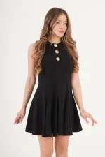 Pilili Kloş Kesim Gold Detay Siyah Toptan Elbise