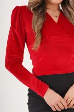 Blouse rouge rembourrée en velours à col cache-cœur, vendue en gros