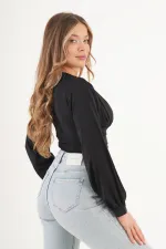 Göğüs Drapeli V Yaka Siyah Toptan Bluz