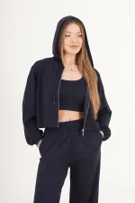 Modal Hırka Pantolon Crop Lacivert Toptan Üçlü Takım