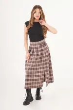 Kemer Detaylı Yan Yırtmaçlı Kahve Ekose Toptan Uzun Etek