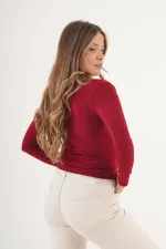 Omuz Ve Bel Büzgülü Dik Yaka Toptan Bordo Bluz