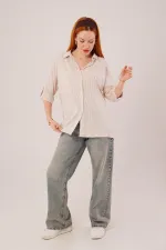 Cep Detay Krem Oversize Çizgili Toptan Gömlek