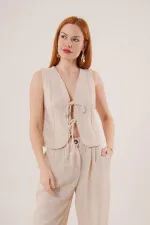 Ön Bağlama Detaylı Yelek Ve Pantolon Taş Toptan İkili Takım