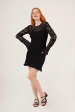 Ajurlu Kayık Yaka Toptan Siyah Elbise