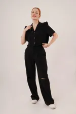 Cepli Düğmeli Bluz Ve Diz Detaylı Pantolon Siyah Toptan İkili Takım