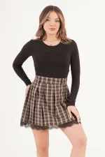 Dantel Detaylı Ekoseli Toptan Kahve Etek