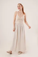 Ajurlu Askılı Belden Oturtmalı Toptan Maxi Krem Elbise