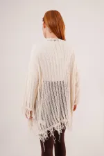 Püskül Detaylı Delikli Model Toptan Krem Hırka