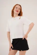 Yarım Kol Yuvarlak Yaka Likralı Toptan İnce Beyaz Triko Bluz