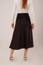 Çan Kesim Midi Kahverengi Toptan Saten Etek