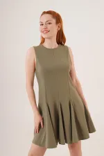 Sıfır Kol Pileli Toptan Haki Mini Elbise