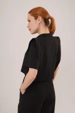 Cepli Düğmeli Bluz Ve Diz Detaylı Pantolon Siyah Toptan İkili Takım