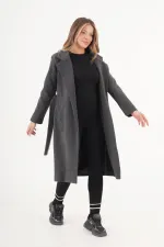 Beli Kuşaklı Astarlı Toptan Antrast Kaşe Kaban