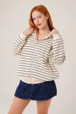 Kapüşonlu Fermuarlı Çizgili Toptan Taş Hırka