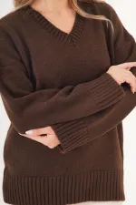 Pull en maille côtelée épaisse à col en V, vendu en gros, couleur café