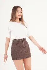 Taş İşlemeli Işıltılı Kahve Toptan Mini Denim Etek