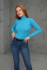 Boğazlı Fitil Detaylı Toptan Triko Turkuaz Kazak