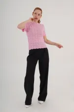Örgü Model Kısa Kol Toptan Pembe Triko Bluz