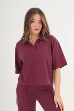 Gömlek Yaka Kısa Kol Bordo Toptan Bluz