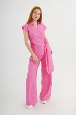 Kruvaze Gömlek Bluz Ve Pantolon Toptan Fuşya Takım