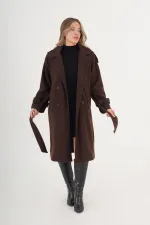 Apolet Detaylı Kuşaklı Toptan Kahve Kaşe Kaban