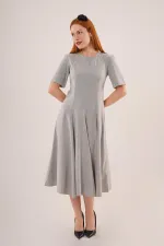 Dikiş Detaylı Kısa Kollu Toptan Gri Uzun Elbise