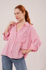 Yarasa Kol Çizgili Cep Detaylı Toptan Pembe Gömlek