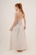 Ajurlu Askılı Belden Oturtmalı Toptan Maxi Krem Elbise