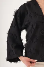 Saçaklı İp Bağlamalı Toptan Siyah Kimono