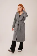 Beli Kuşaklı Astarlı Toptan Antrasit Kaşe Kaban