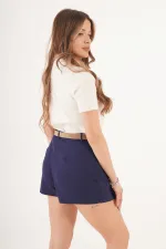 Kemerli Piliseli Lacivert Mini Şort Etek