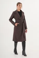 Beli Kuşaklı Astarlı Toptan Kahve Kaşe Kaban