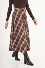 Kareli Yüksek Bel Trend Kahve Toptan Etek