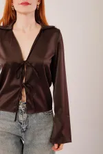 Önden Bağlama Detaylı Saten Toptan Kahverengi Bluz