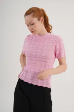 Örgü Model Kısa Kol Toptan Pembe Triko Bluz