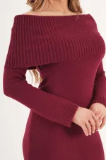 Madonna Yaka Toptan Bordo Triko Elbise