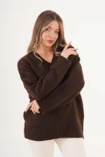 Pull en maille côtelée épaisse à col en V, vendu en gros, couleur café